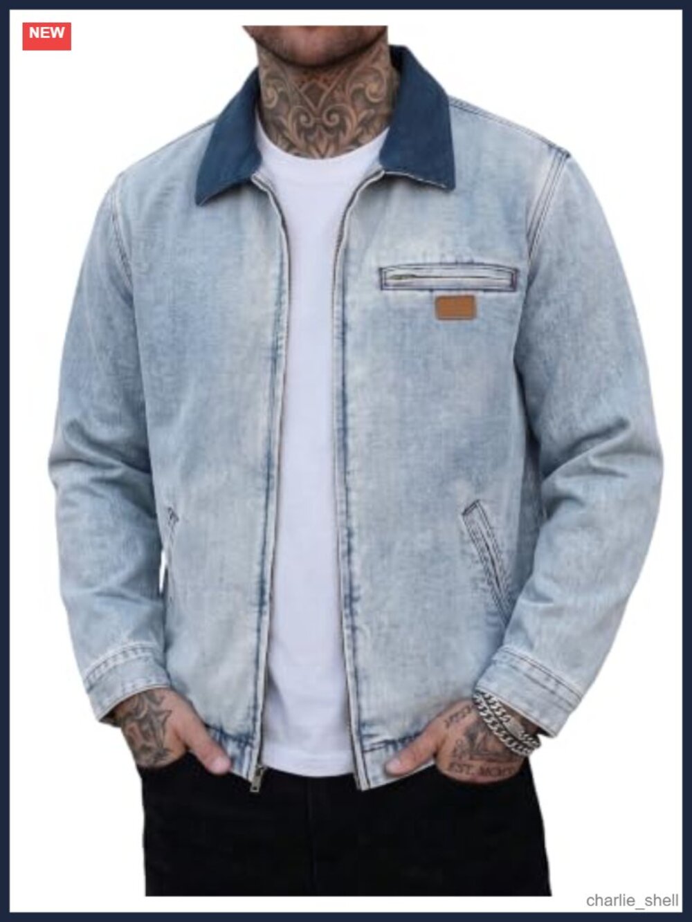 Mens Casual Denim Jacket Corduroy Collar Zip Jean Coat Workwear